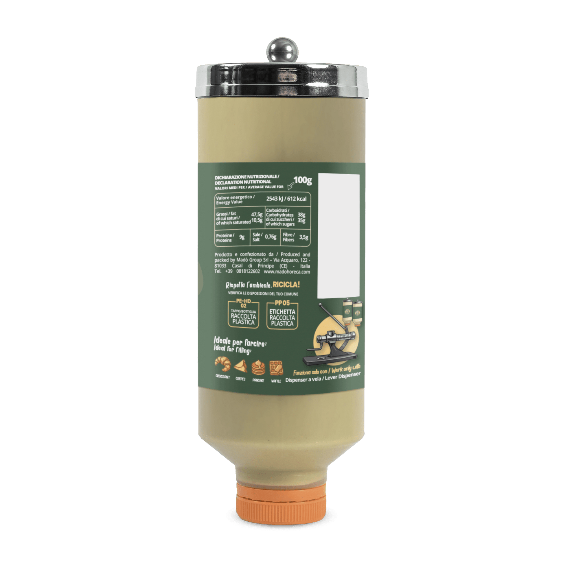 REFILL DI CREMA SPALMABILE AL GUSTO PISTACCHIO "BOTTIGLIA DA 800GR" - Mado Ho.re.ca
