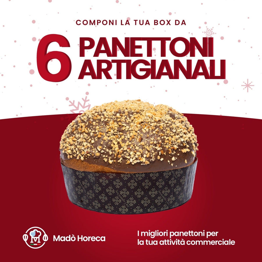 Panettone artigianale con crema alla gianduia e granella di nocciole 1kg (Prezzo cadauno a partire da 21.99€ Iva Compresa) Cartone da 6 pezzi - Mado Ho.re.ca
